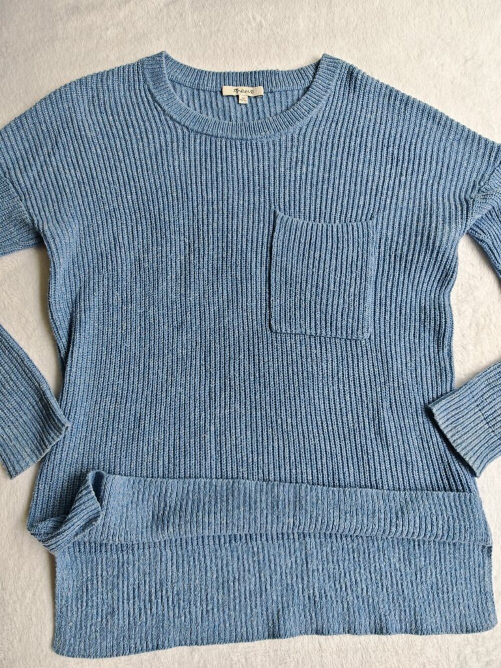 Madewell Blue Ribbed Knit Sweater XS Crewneck Pocket Soft Cozy Aesthetic Minimal - Picture 4 of 9